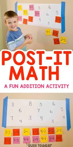 a poster with the words post it math and a photo of a boy holding up a sign