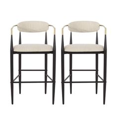 pair of black and white bar stools with beige upholstered seat cushioning