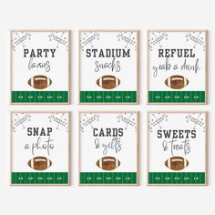 four football themed party signs with the words, stadium snacks and gifts on them in green