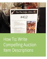 a sign that says how to write completing auction item descriptions in front of a pile of items