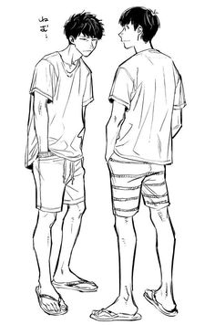 two young men standing next to each other in shorts and t - shirts, looking at each other