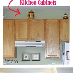 before and after photos of kitchen cabinets with pictures above the cabinet doors that are missing