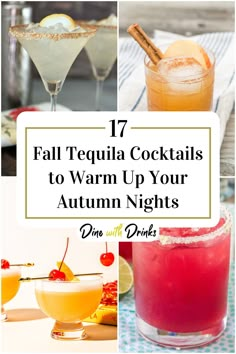 Collage of 4 fall tequila cocktails. Cocktail Party Dinner Ideas, Cocktail Recipes For Thanksgiving, Fall Alcoholic Drinks Tequila, Autumn Tequila Cocktails, Fall Cocktail Tequila, Thanksgiving Cocktail Recipes Tequila, Fall Drinks For Party, Fancy Fall Cocktails, Coctails Recipes Fall