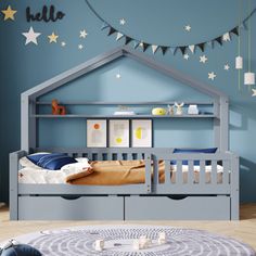 a child's bedroom with blue walls and stars on the ceiling