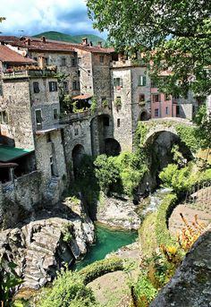 an old stone bridge over a river surrounded by small buildings and greenery on both sides