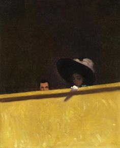 a painting of a woman in a black hat looking out over a yellow wall with a cat on the other side