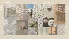 there is a collage of pictures with words on it that include flowers, teddy bears and other things