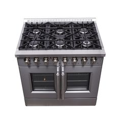 an oven with two doors and three burners