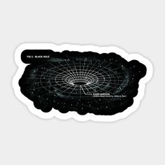 a black and white sticker with an image of a space station in the center