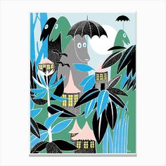 an image of a house surrounded by plants and birds with umbrellas in the rain