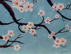 a painting of pink flowers on a tree branch with blue sky in the back ground