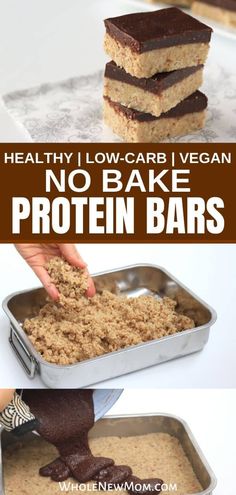 no bake protein bars with chocolate and peanut butter on top