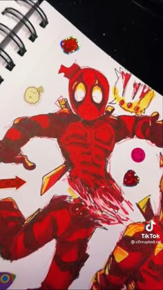 a drawing of a deadpool character in red and yellow