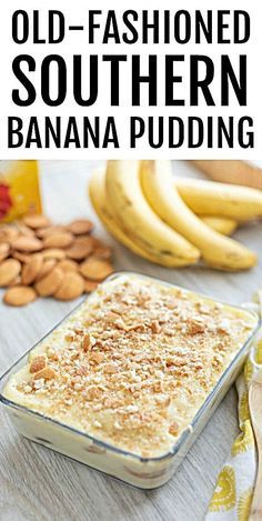 old - fashioned southern banana pudding in a glass dish with almonds on the side