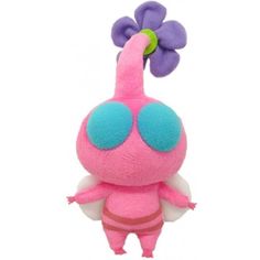 a pink and blue stuffed animal with big eyes