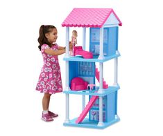 Create the perfect set piece for adventures starring their favorite doll with this charming doll house that sports three levels for them to explore. Big Doll House, Purple Color Schemes, Doll House Plans, Dolls House Interiors, Toddler Dolls, Plastic Toys, Big Lots, Dolls House, Pretend Play