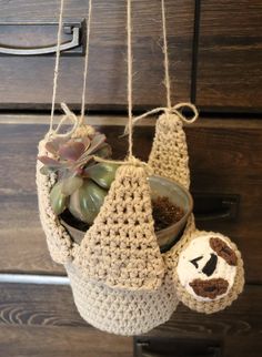 a crocheted hanging pot holder with succulents and plants in it