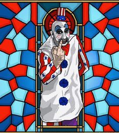 a stained glass painting of a clown pointing to the side with his finger in front of him