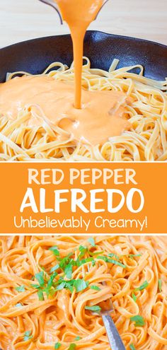 red pepper alfredo in a skillet being drizzled with sauce