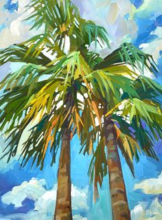 a painting of two palm trees against a blue sky