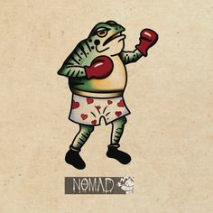 a drawing of a frog with boxing gloves on his head and holding a red glove in one hand