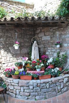 the statue is surrounded by potted flowers and other plants in front of a stone wall