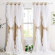 PRICES MAY VARY. Package Content: 2 Double-layered panels measuring 52"W by 95"L each. 8 silver Grommets (1.6" inner diameter) top to fit most of the standard curtain rod. 4 fabric tiebacks included Double Layers: Made of 100% polyester fabric, block out a fair amount of light & heat while adding privacy. The white sheer panel bring an elegant and luxurious feeling Ruffle Sheer: The fabric is perfect and the ruffle adds a nice charm, something soft and feminine and these are perfect. Super soft Girl Curtains, French Country Rustic, Ruffle Curtains, Layered Curtains, Tulle Curtains, Curtains For Bedroom, Sheer Overlay, Curtain Decor, Elegant Decor