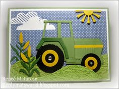 a card with a green tractor and yellow wheels