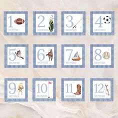 a blue and white calendar with different things on it's sides, including numbers