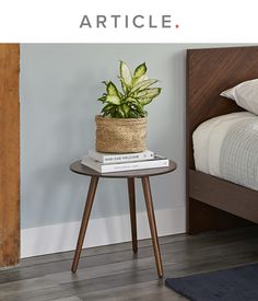 a small table with a plant on top of it next to a bed and pillows