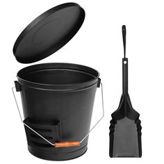 a black bucket with a shovel next to it and an orange stick sticking out of the top