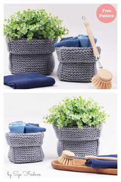 crocheted baskets with plants in them