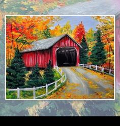 a painting of a red covered bridge in the fall with trees and foliage around it