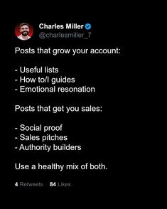 a black background with text that reads,'posts that grow your account - useful lists - how to / guides - emotional restation - posts that get you sales