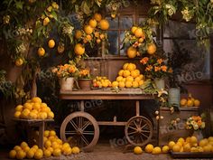 an old fashioned cart filled with lemons and oranges next to a bunch of potted plants