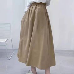 Spring mid-length cotton skirt Khaki / Free Size | IFAUN Khaki Long Skirt Outfit, Long Beige Skirt Outfit, Minimalistic Summer Outfits, Khaki Skirt Outfit, Beige Long Skirt, Khaki Skirt Outfits, Beige Skirt Outfit, Long Khaki Skirt, High Waist Long Skirt