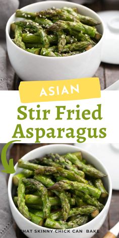 two white bowls filled with asparagus on top of a wooden table