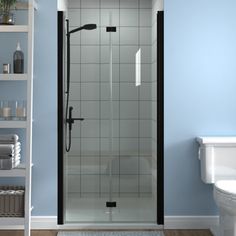 a white toilet sitting next to a shower in a blue walled bathroom with shelves on the wall