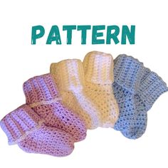 four crocheted baby booties with the words pattern on them