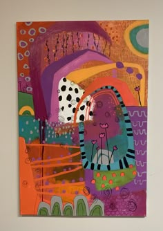 an abstract painting on the wall with flowers and animals in it's colorful colors