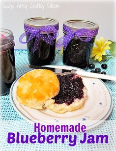 homemade blueberry jam in mason jars on a plate