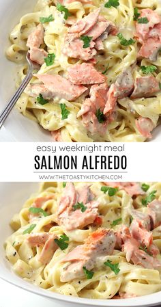 salmon alfredo is an easy weeknight meal that's ready in less than 30 minutes