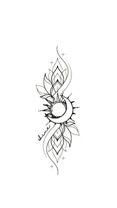 a black and white drawing of a sunflower with leaves on the bottom half of it