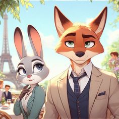 an animated fox and rabbit are standing next to each other in front of the eiffel tower