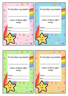 four certificates with stars on them for children's birthday party or school day