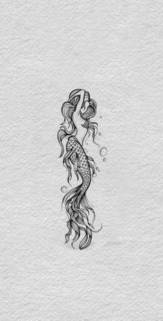 a black and white drawing of a mermaid with her hair blowing in the wind, on paper