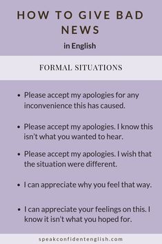 a purple background with the words how to give bad news in english and formal situations