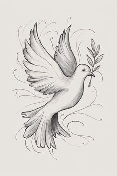 a drawing of a dove with leaves in its beak