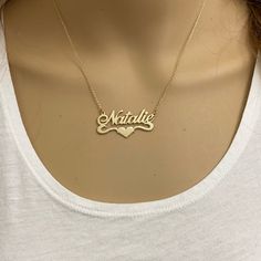 Description: 925 Sterling Silver Gold Plated Name Plate Heart Necklace - Natalie C01 Metal Type: 25 Sterling Silver With Stamped 925 Finish: 14k Gold Over Sterling Silver Measurement: 16"- 18" Adjustable. Pendant: 1.5" X 0.75" Brand New With Box Gold Name Necklace S, Name Necklace Gold Baddie, Gold Name Plate Necklace Zales, Cursive Name Necklace, Gold Custom Necklace, Dainty Name Necklace, Gold Name Necklace Latina, Name Plate Necklace Gold, Named Necklaces