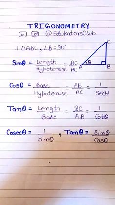 a piece of paper with writing on it that says trigonometry and the side lengths